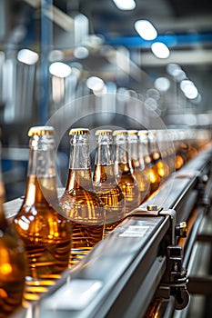 Machines are transporting glass bottles on a conveyor belt inside the factory