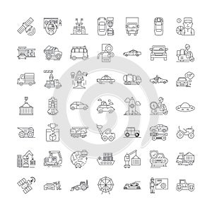 Machines and vehicles linear icons, signs, symbols vector line illustration set
