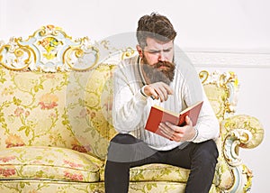 Macho on concentrated face reading book. Scandalous bestseller concept. Guy reading book with attention. Man with beard