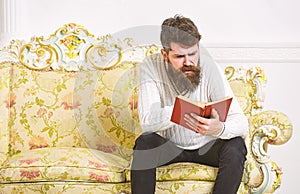 Macho on concentrated face reading book. Scandalous bestseller concept. Man with beard and mustache sits on baroque