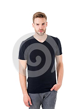 Macho isolated on white. Man with trendy look. fashion for men. Bearded man with serious look. Black friday and sale