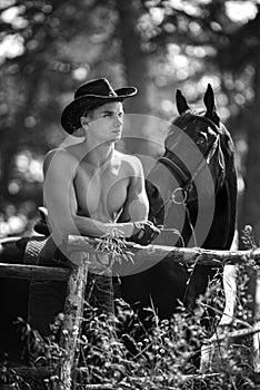 Macho man handsome cowboy and horse. photo