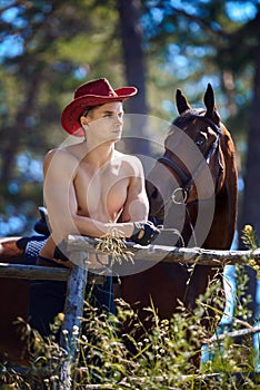 Macho man handsome cowboy and horse. photo