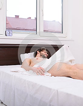 Macho guy torso relaxing lay bedroom. Morning wood formally known nocturnal penile tumescence common occurrence photo