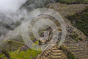 Machu Picchu ancient city view from Huchu'y Picchu