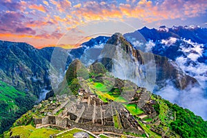 Machu Picchu, Cusco,Peru: Overview of the lost inca city Machu Picchu with Wayna Picchu peak, before sunrise