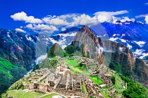 Machu Picchu, Cusco, Peru: Overview of the lost inca city Machu Picchu with Wayna Picchu peak