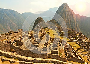 Machu Picchu, Cusco region, Peru: Overview of agriculture terraces, Wayna Picchu and surrounding mountains in the background,