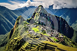 Machu Picchu is an Inca archaeological site in Peru, Overview of Machu Picchu, agriculture terraces and Wayna Picchu peak in the