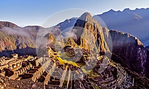 Machu Picchu, `the lost city of the Incas`, an ancient archaeological site in the Peruvian Andes mountains. Cusco, Peru