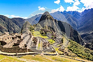 Machu Picchu, `the lost city of the Incas`, an ancient archaeological site in the Peruvian Andes mountains. Cusco, Peru