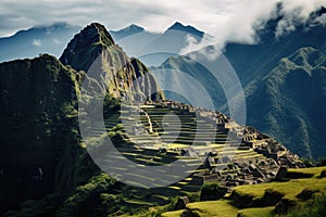 Machu Picchu, the lost city of the Incas, Peru, Overview of Machu Picchu, agriculture terraces and Wayna Picchu peak in the