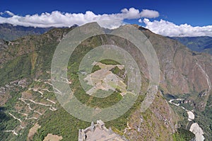 Machu picchu old mountain, pre columbian inca site situated on a mountain ridge above the urubamba valley in Peru
