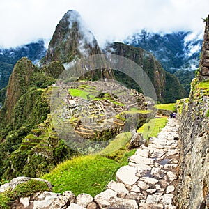 Machu Picchu, panoramic view of peruvian incan town