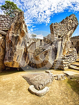 Machu Picchu, Peru - Inca Temple of the Condor Altar Wings Head Full View inside Machu Picchu, Peru