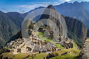 Machu Picchu ruins, PerÃº. The city and the Huayna Picchu mountain can be appreciated.