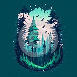 Macig pine forest landscape illustration tshirt design
