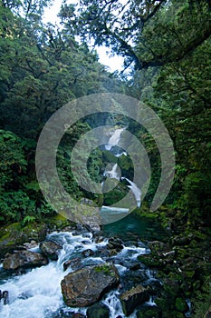 Mackay Falls, cascade waterfall, Milford Track Great walk, Fiordland, New Zealand