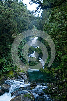 Mackay Falls, cascade waterfall, Milford Track Great walk, Fiordland, New Zealand