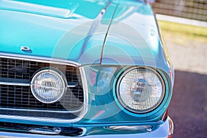 Close Up Of Front Of Blue Custom Classic Car