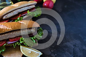 Mackerel in baguette with red onion tomato and salad. Copy space