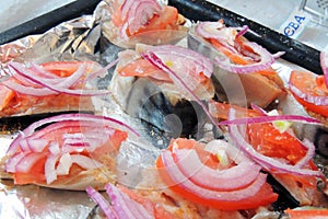 Mackerel baked with vegetables