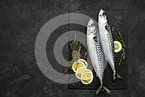 Mackerel. Fresh raw fish with ingredients for cooking, top view