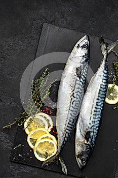 Mackerel. Fresh raw fish with ingredients for cooking, top view