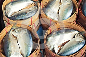 Mackerel steamed in a basket.