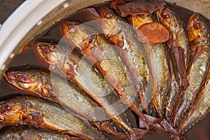 Mackerels boiled with sweet and salt sauce for sell.