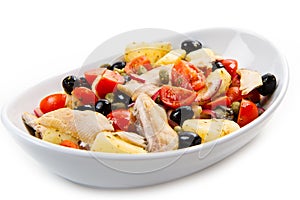 Mackerels with potatoes,tomatoes,capers and olives