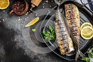 Mackerels served on pan with lemon. Japan dish. banner, menu recipe place for text, top view