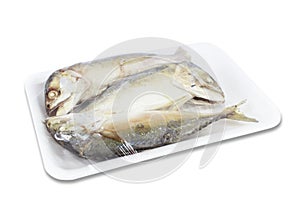Mackerels steamed in a pack on white background