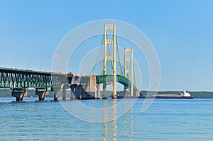 Mackinac bridge, freighter