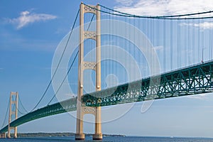 Mackinac Bridge between the great lakes of Huron and Michigan