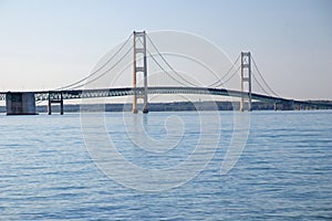 Mackinac Bridge between the great lakes of Huron and Michigan