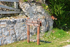 Mackinac island`s Arch Rock Viewing Area information sign