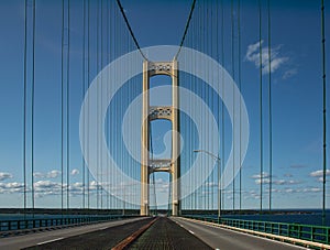 Mackinac Suspension Bridge under blue summer skies