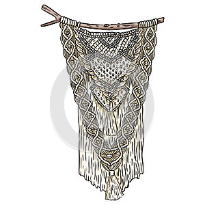 Macrame boho style wall hanger doodle. Textile knotting design element. Simple mono linear modern indigenous knotwork image