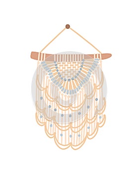 Macrame design flat vector illustration. Wall hanging decoration with thread fringe, pastel colors cord and beads