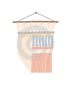 Macrame design vector illustration. Wall hanging decoration with thread fringe, cord and beads. Bohemian style