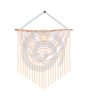 Macrame design vector illustration. Wall hanging decoration with thread fringe, natural colors cord and beads. DIY boho