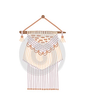 Macrame design vector illustration. Wall hanging decoration with thread fringe and wooden beads on ends. Bohemian style