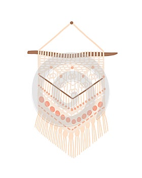 Macrame modern design vector illustration. Wall hanging decoration with thread fringe, cord and beads. Handmade knot