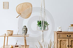 Macrame plant hanger in Scandinavian home interior.