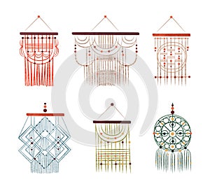 Macrame Wall Hangings as Boho Style Decor Element Vector Set
