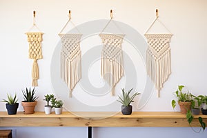 macrame wall hangings displayed in a row