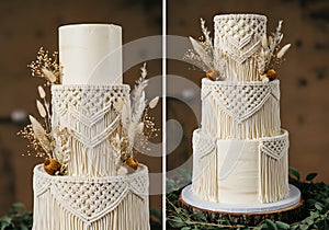 Macrame wedding cake decorated with flowers photo