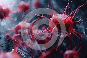 Macro 3D illustration of leukocytes and platelets in the blood stream. Biomedicine concept. Generated by artificial