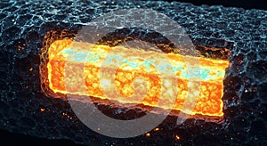 Abstract view of a glowing energy core within dark rough stone